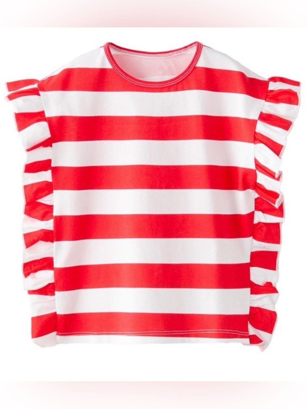 Zara Red & White Striped Ruffle Sleeve Tee